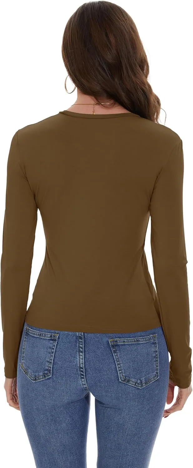 Womens Long Sleeve Shirts Basic Tees Y2k Slim Fit T Shirt Crew Neck Trendy Crop Top Casual