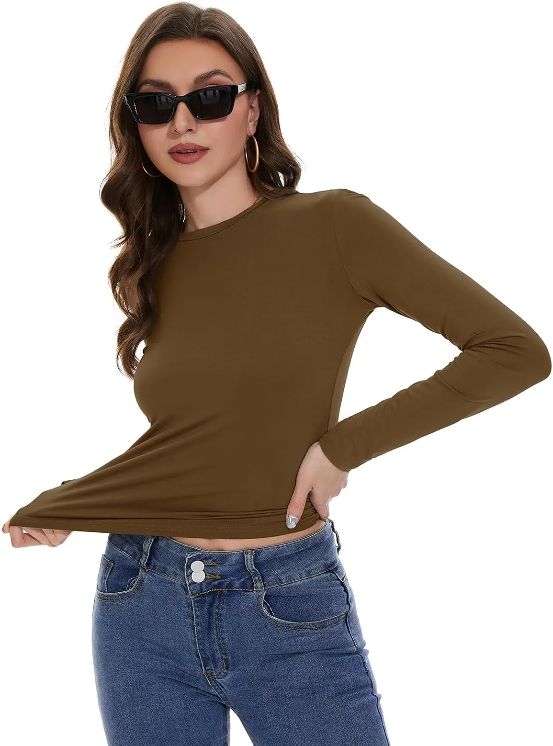 Womens Long Sleeve Shirts Basic Tees Y2k Slim Fit T Shirt Crew Neck Trendy Crop Top Casual