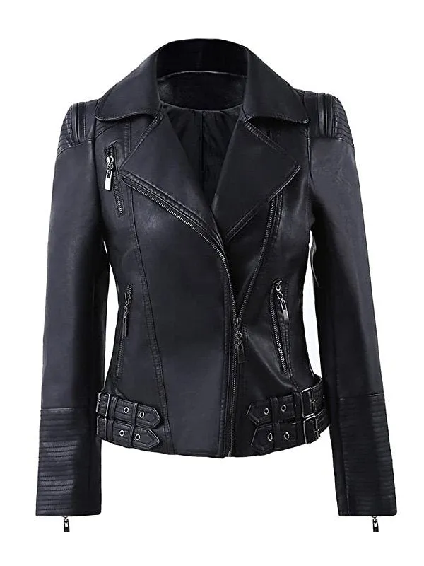 WOMEN’S ZIP UP MOTO BIKER LEATHER JACKET BY TJS