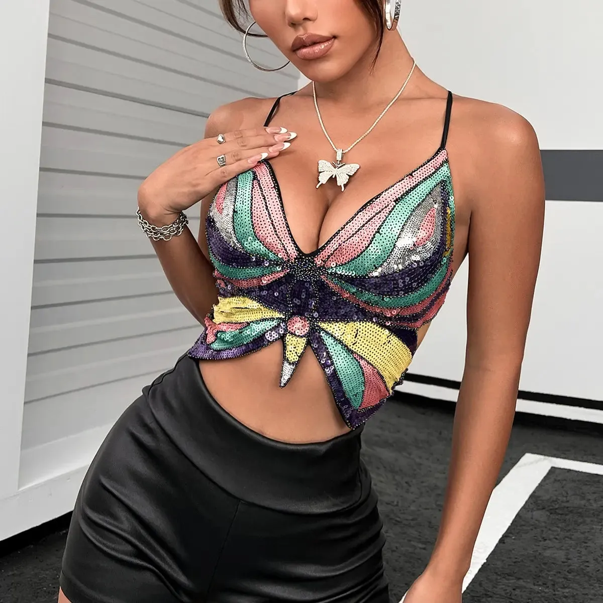 Y2K Pink Butterfly Halter Crop Top  Dazzle in Style