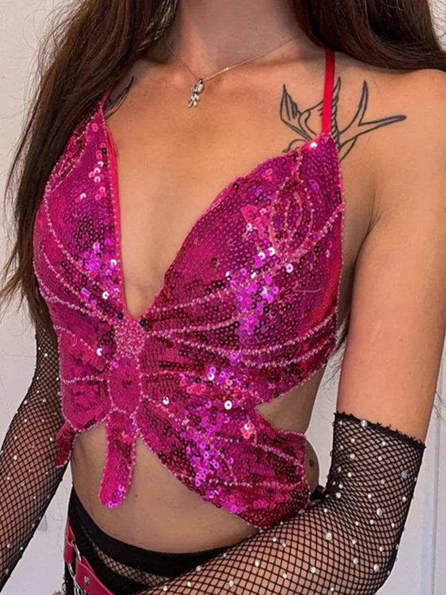 Y2K Pink Butterfly Halter Crop Top  Dazzle in Style
