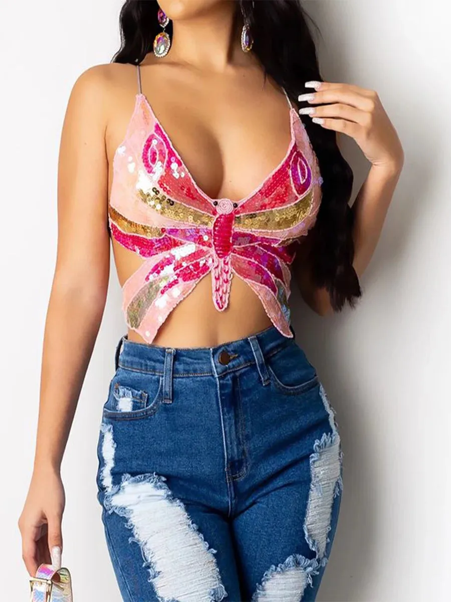 Y2K Pink Butterfly Halter Crop Top  Dazzle in Style