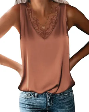 Zeagoo 2023 Women's Silk Satin Tank Tops Lace Trim V Neck Casual Sleeveless Blouses Summer Basic Tank Shirt (Us Only)