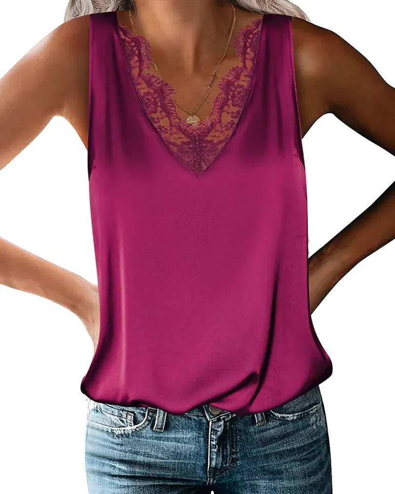 Zeagoo 2023 Women's Silk Satin Tank Tops Lace Trim V Neck Casual Sleeveless Blouses Summer Basic Tank Shirt (Us Only)